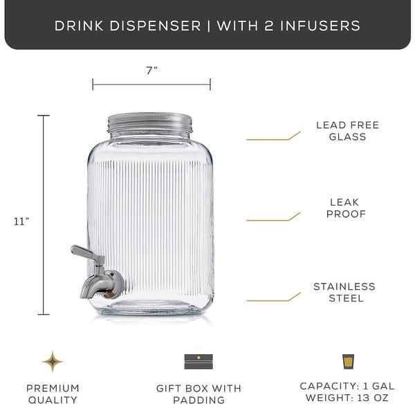 Glass Fluted Drink Dispenser with Spigot, Ice Infuser, & Fruit Infuser - 1 Gallon - 1 Gallon