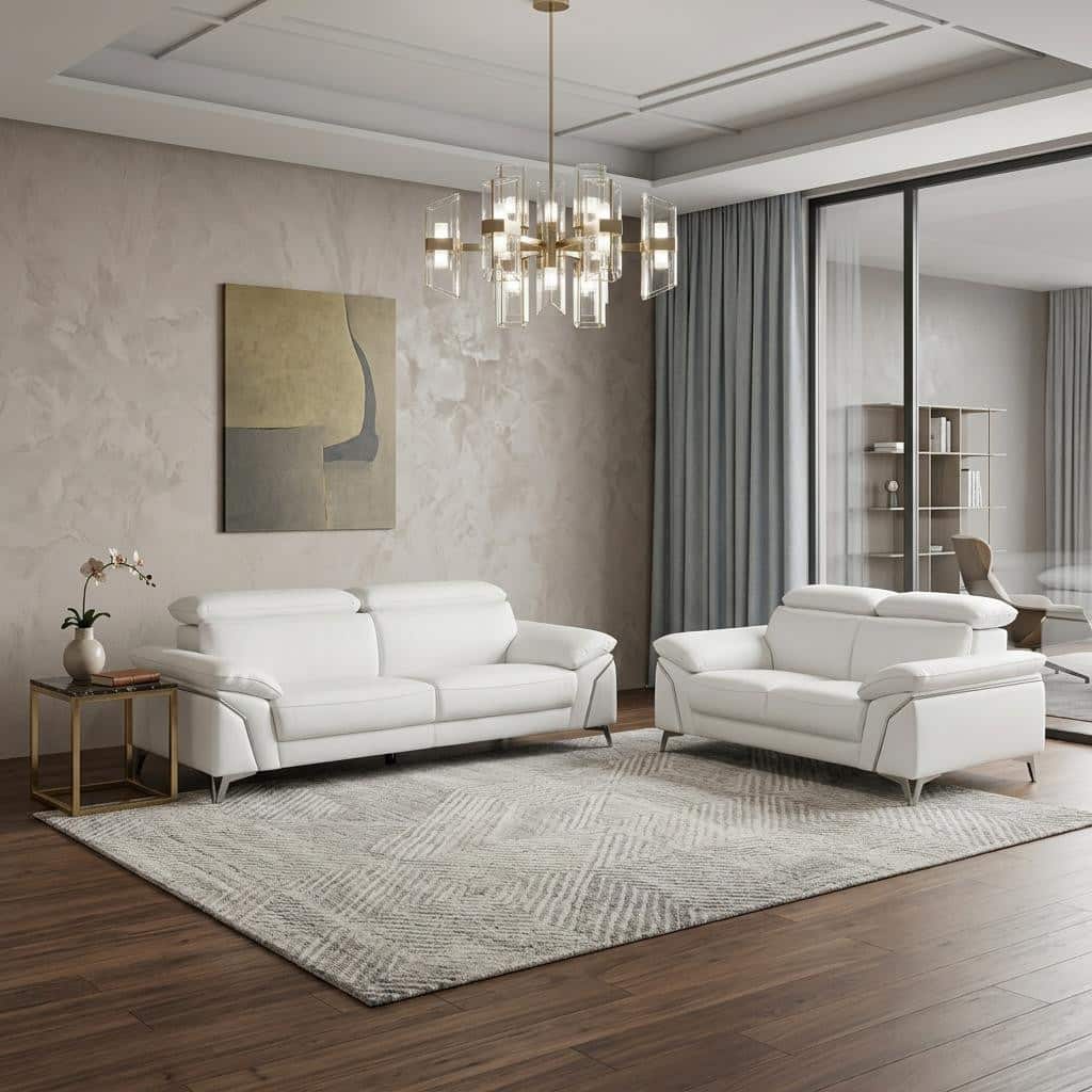 HomeRoots Two Piece Indoor White Italian Leather Five Person Seating Set