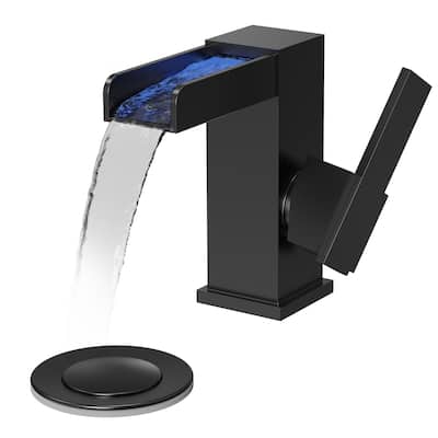 GRANDJOY LED Waterfall Bathroom Sink Faucet with Drain Assembly, Single Handle Vanity Fixture
