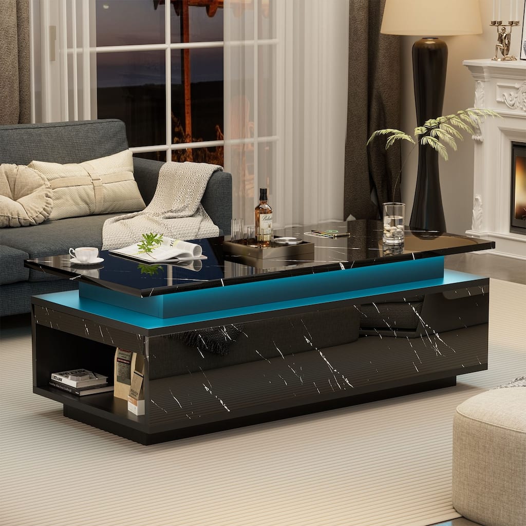 Smart LED Coffee Table 47.2" with Bluetooth Speaker & Wireless Charging, Modern White Marble Center Table