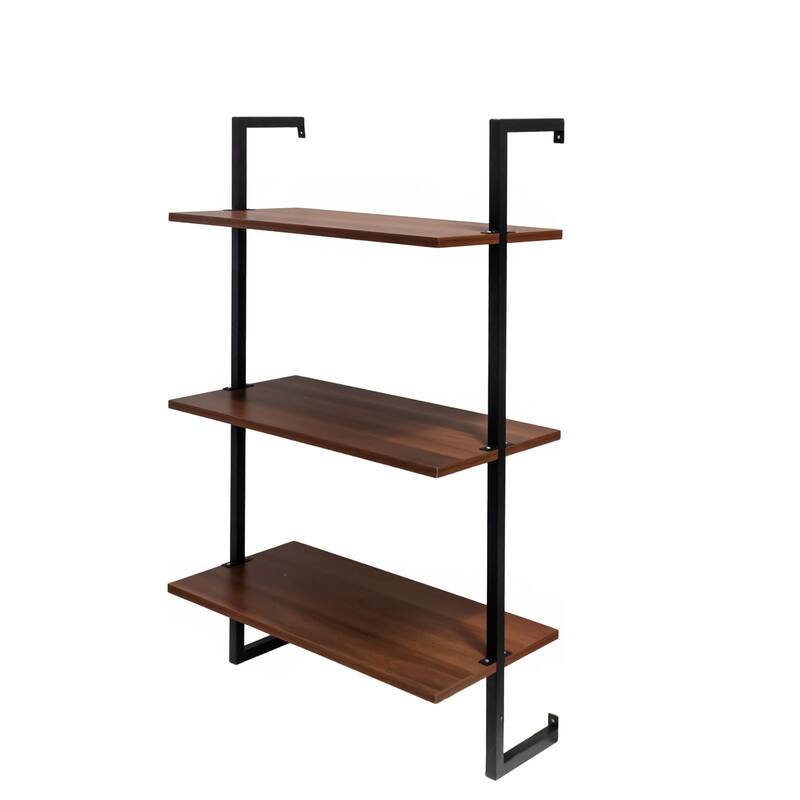 Roomfitters 3-Tier and 2-Tier Wall Mounted Shelves, Metal and Wood Hanging Storage Rack, Walnut