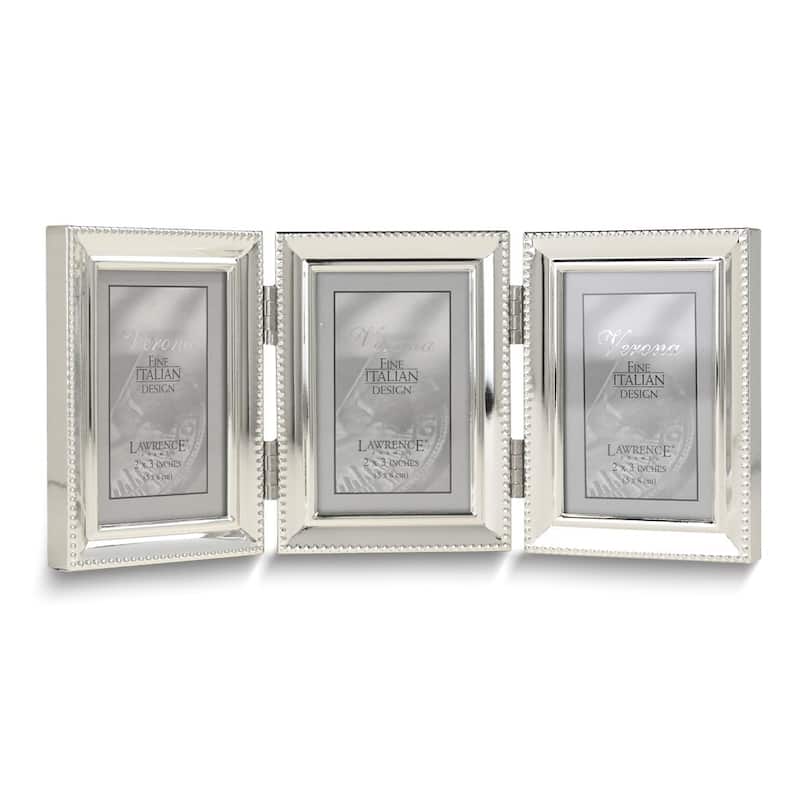 Curata Silver-Tone Portrait Hinged Polished Beaded 2x3 Triple Photo Frame