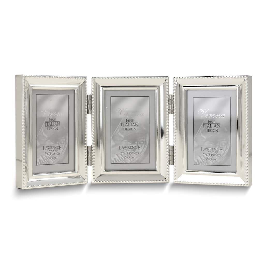 Curata Silver-Tone Portrait Hinged Polished Beaded 2x3 Triple Photo Frame