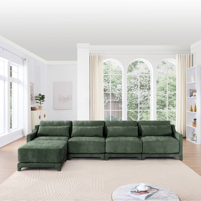Wooden Base Modular Upholstered Sectional Sofa with Lumbar Pillows - Green