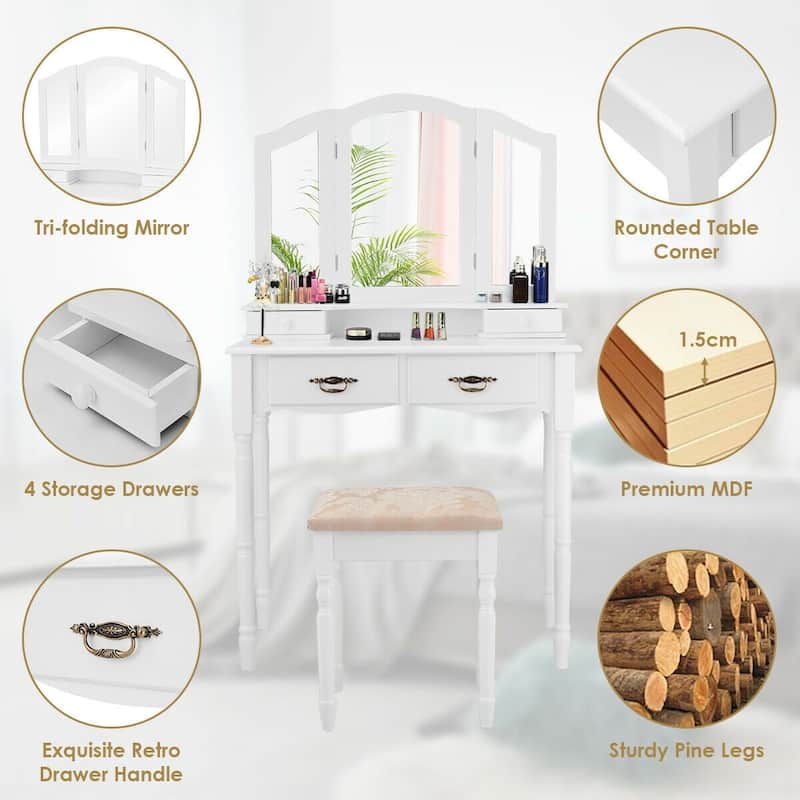 Vanity Makeup Dressing Table with Tri Folding Mirror - 31.5" x 15.7" x 54.0" (L x W x H)