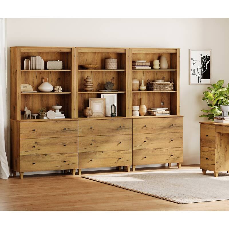 WAMPAT 71" Tall Bookcase with 9 Drawers & Open Shelves, 3 Column Modern 3-Tier Bookshelf for Home Office