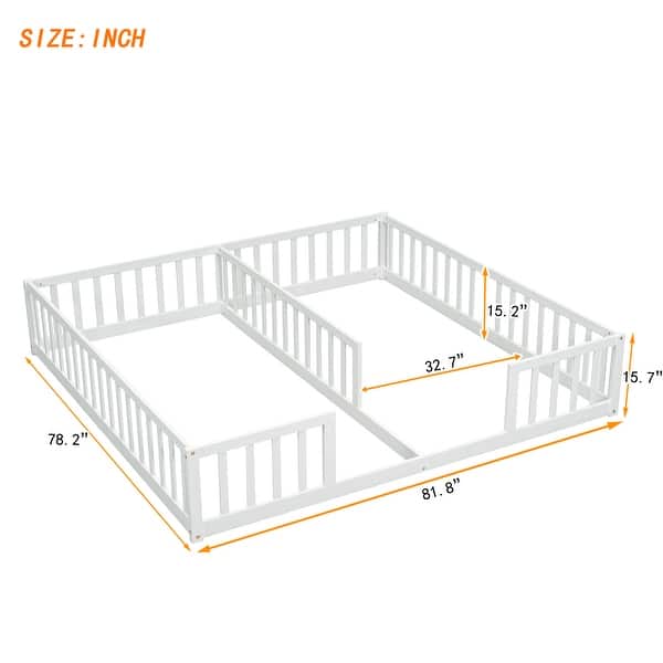 dimension image slide 0 of 3, Double Twin Size Pine Wood Floor Bed with Fence, Guardrails, Without Door for Kids Girls Boys, No Need Spring Box