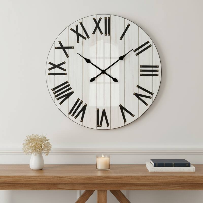 HomeRoots 21" White And Black Rustic Wood Silent Analog Round Wall Clock - 21.01 in. x 21.01 in. x 1.13 in. - 21.01 in. x 21.01 in.  x 1.13 in.