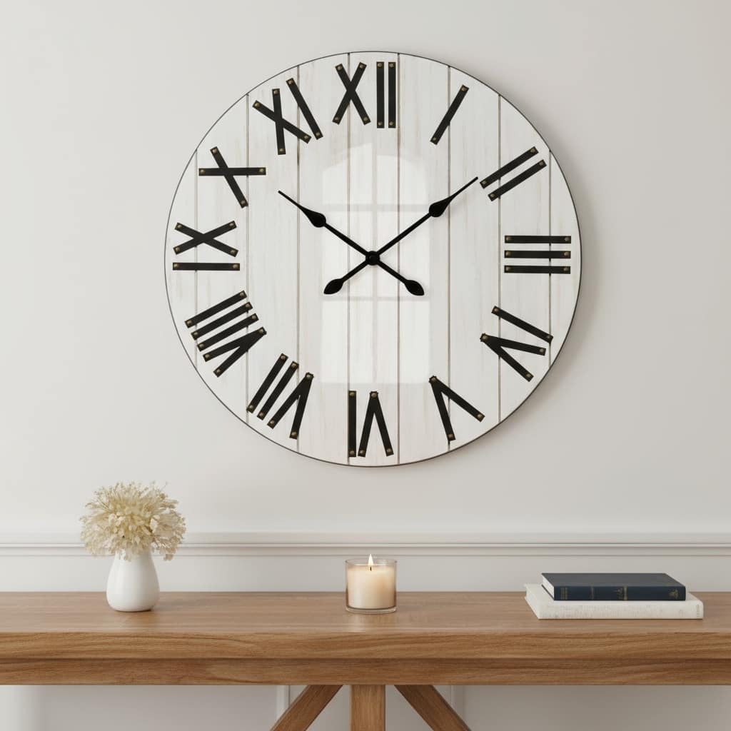 HomeRoots 21" White And Black Rustic Wood Silent Analog Round Wall Clock - 21.01 in. x 21.01 in. x 1.13 in.