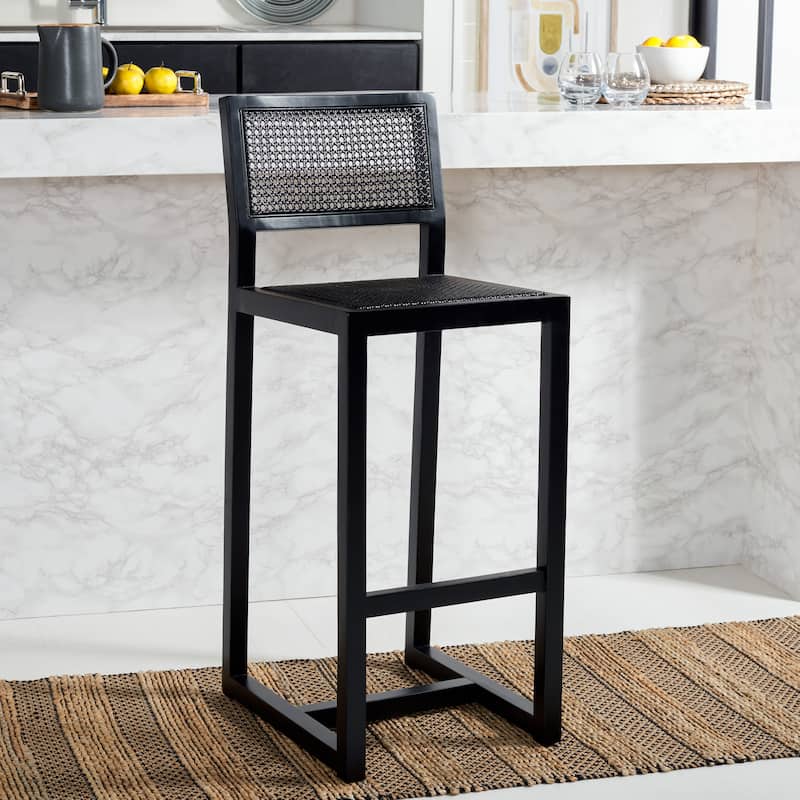 SAFAVIEH Evangeline Rattan Bar Stool - 16" W x 19" D x 41" H - 16Wx19Dx41H - Black