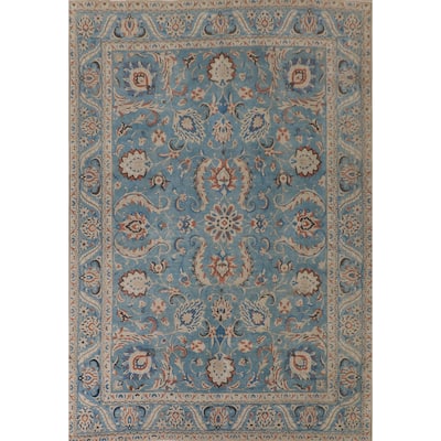 Over Dyed Blue Tabriz Persian Antique Area Rug Handmade Wool Carpet - 9'2"x 12'6"