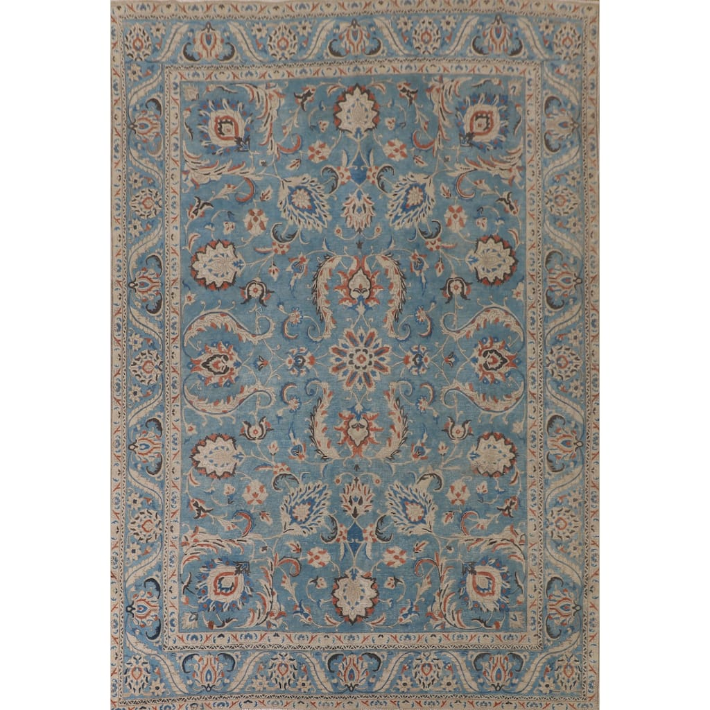 Over Dyed Blue Tabriz Persian Antique Area Rug Handmade Wool Carpet - 9'2"x 12'6"