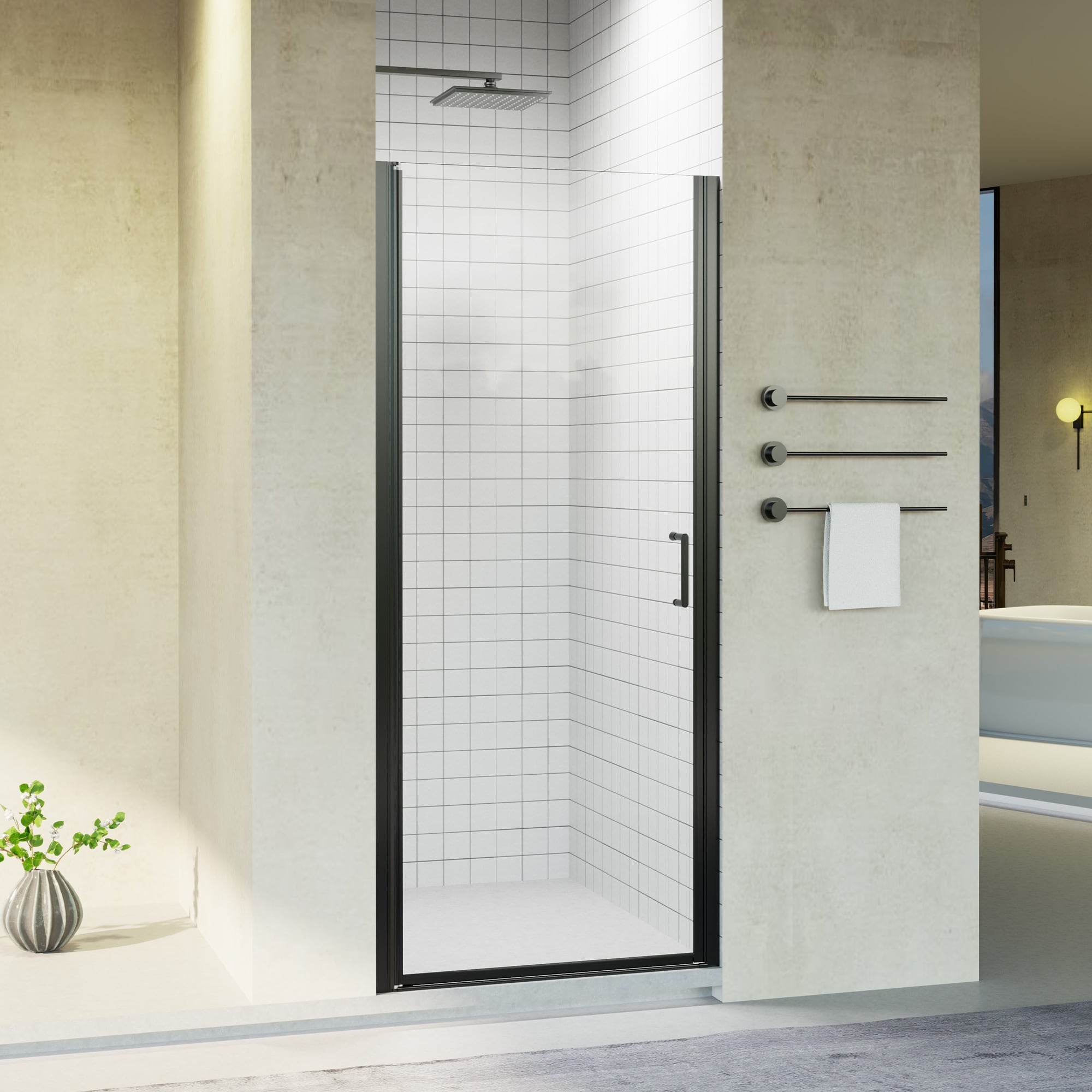 30/32/34" W x 72" H Semi-Frameless Pivot Shower Door, 6mm Tempered Glass, Matte Black Reversible Swing Panel