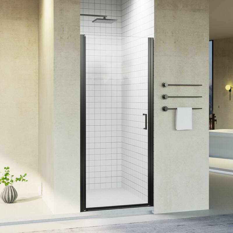30/32/34" W x 72" H Semi-Frameless Pivot Shower Door, 6mm Tempered Glass, Matte Black Reversible Swing Panel - 32x72"