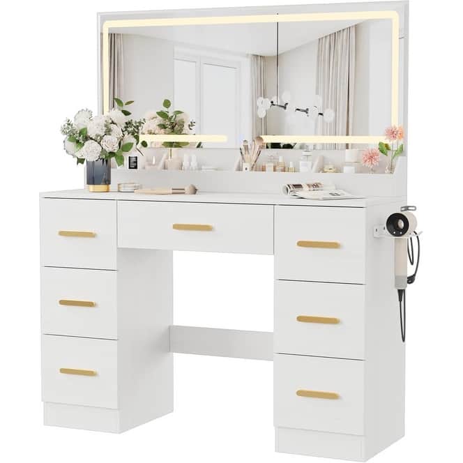 45.9" Vanity Desk with LED Mirror, Power Outlet, 7 Drawers
