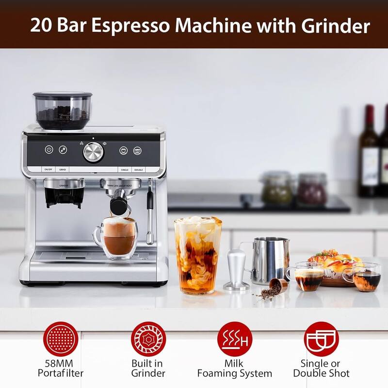 Espresso Coffee Maker Machine Built-In Bean Grinder