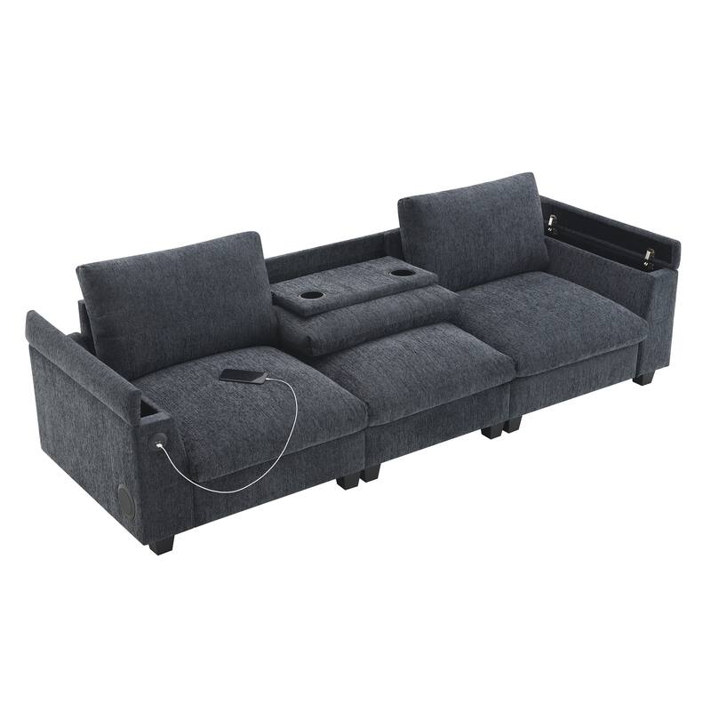 Chenille Sectional Sofa With Bluetooth Speaker,Cloud Couch Set With Drop Down Table,Cup Holders,Usb Charger,Storage Armrest