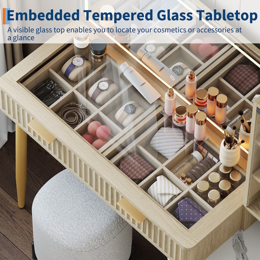 Makeup Vanity Desk with Lights, Fluted Wooden Dressing Table with 5 Drawers and Adjustable Shelves, Makeup Vanity Table