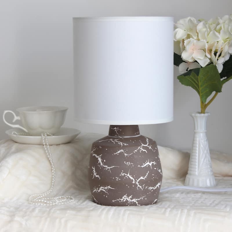 Modern Ceramic Table Lamp with Fabric Drum Shade Compact Marble Inspired Design - 7.09” x 7.09” x 13.30”