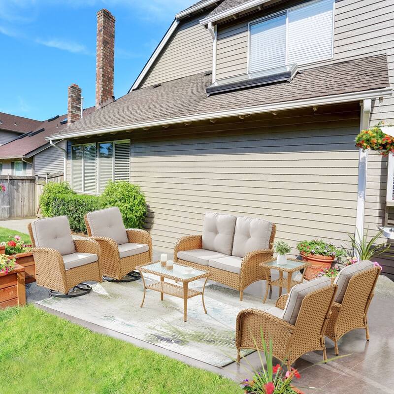 Pocassy Outdoor Loveseat Sofa with Table Funiture Set - Yellow Wicker Beige Cushion - 7PCS Sofa with Swivel Chairs Ottoman Table
