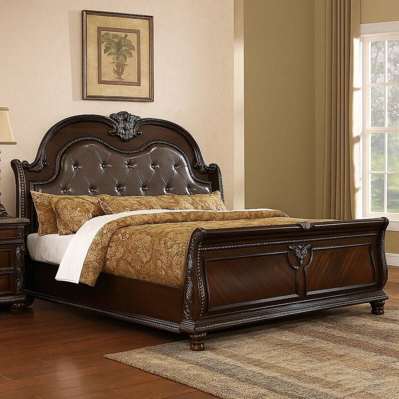 Kera Queen Bed, Brown Cherry Faux Leather Padded Upholstery