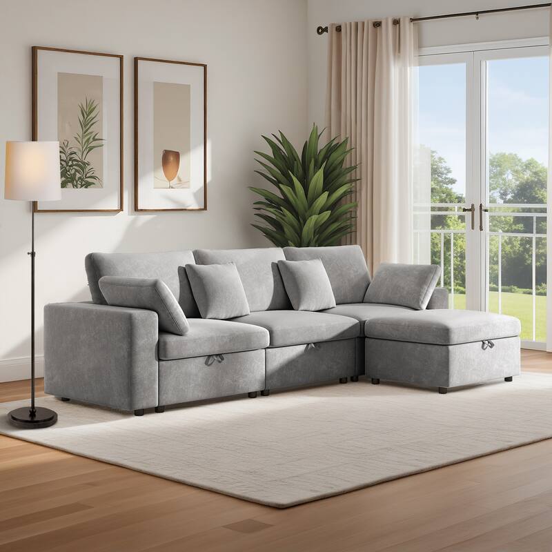 L Shaped Sectional Sofa with Storage Ottoman, Oversized Velvet Upholstered Cloud Couch, Corner Sofa with Side Pockets