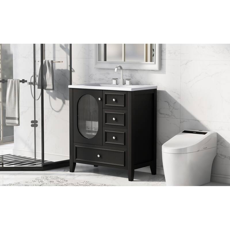 30" Stylish Bathroom Vanity with Sink, Bathroom Storage Cabinet with 3 Drawers, Solid Wood Frame and Glass Door