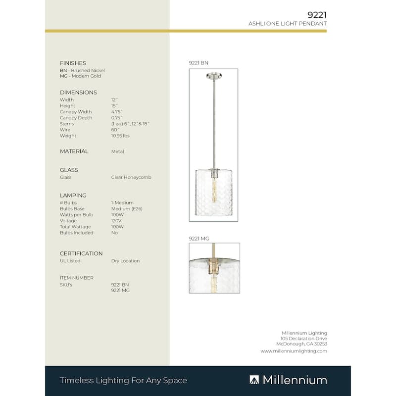 Millennium Lighting Ashli 1 Light Pendant with Clear Honeycomb Glass Shades