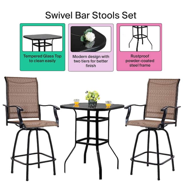 Stool Glass Table and Chair set - High Swivel Bar Set - High Top Tempered Glass Table with 2 Stools