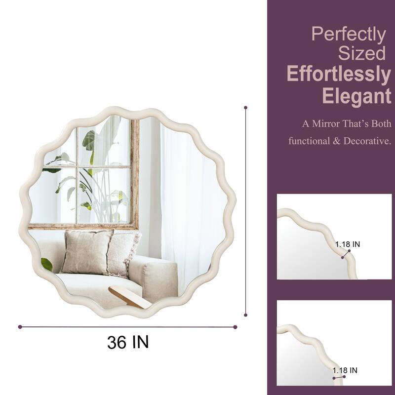 GDFStudio - Linea Luxury Modern Wavy Round Wall Decorative Mirror with Solid Wood Frame & Organic Flow Design