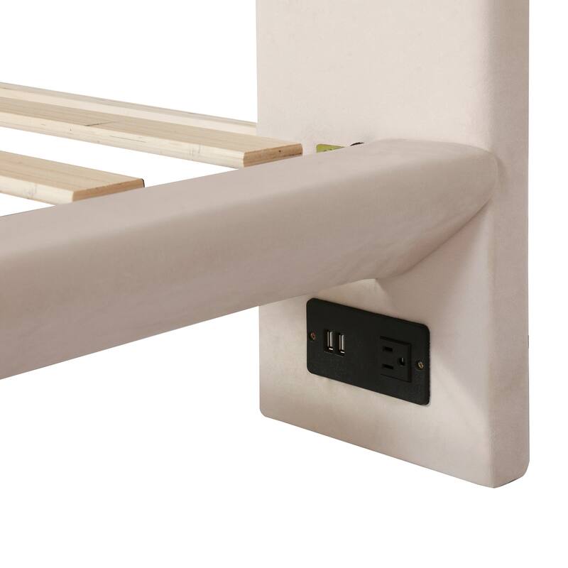 Queen Velvet Floating Platform Bed with Sensor Light