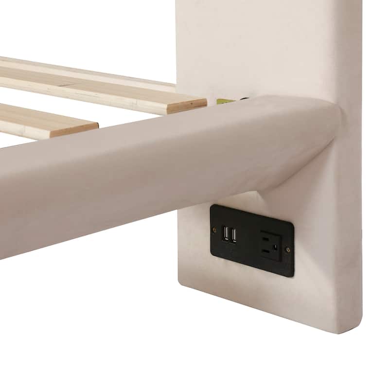 Velvet Upholstered Platform Bed with Sensor Light and 2 Sets of USB Port and Socket