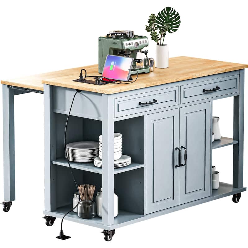 Modern Kitchen Island with Retractable Dining Table, Interior Storage Shelf, Power Socket, 2 Drawers and 2 Cabinets, for Kitchen