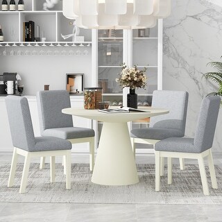 5-piece Dining Set, Retro Stylish Round Table with 4 Upholstered Chairs ...