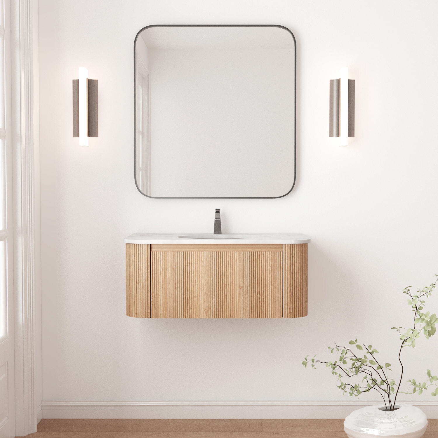 36 Inch Wall Mounted Bathroom Vanity With White Artificial Marble Countertop, Ceramic Sink