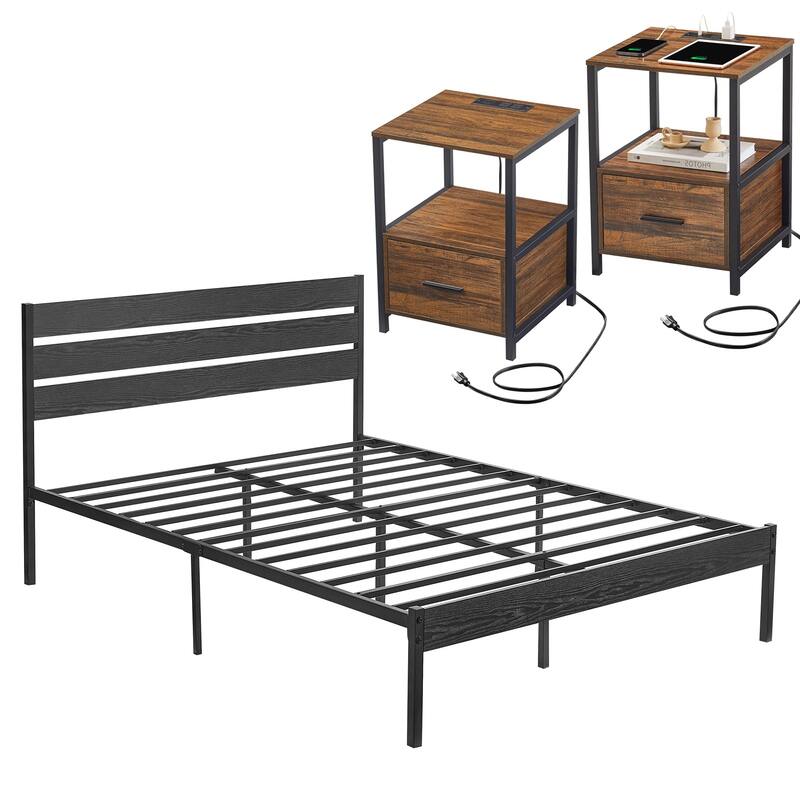Javlergo 3-pieces Bedroom Set Queen Size Bed and 2 Nightstands with Charging Station USB Port