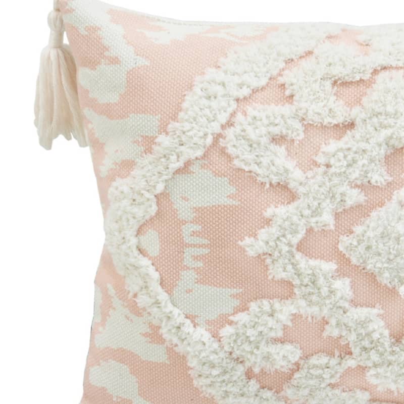 HomeRoots 13" X 18" Peach And White Damask Zippered Polyester And Cotton Blend Throw Pillow With Tassels