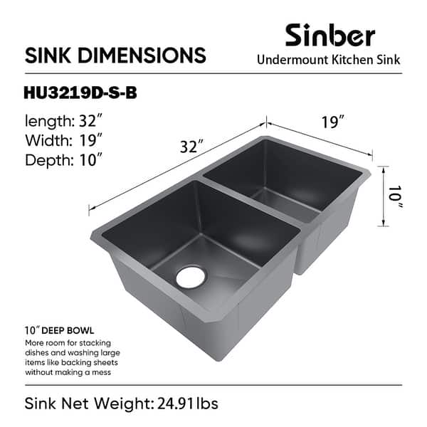 dimension image slide 9 of 10, Sinber Undermount Double Bowl 304 Stainless Steel Kitchen Sink