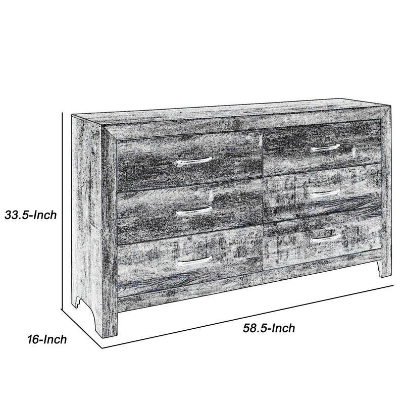 6 Drawer Rustic Wooden Double Dresser with Block Legs Support, Brown
