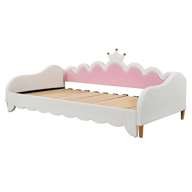 White Twin Princess Upholstered Daybed with LED & Crown Headboard