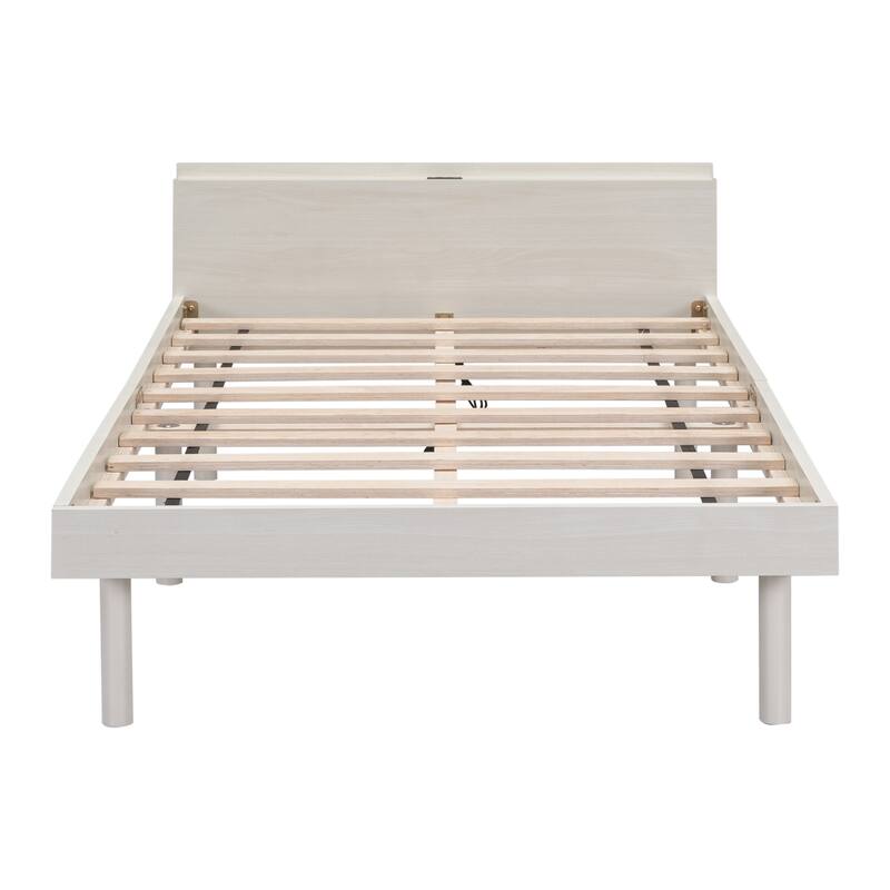 White Washed Modern Design Twin Size Platform Bed with Built-in USB port for Bedroom