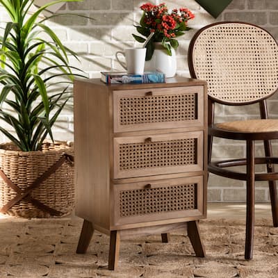 Baxton Studio Baden Mid-Century Modern Walnut Brown Finished Wood 3-Drawer End Table with Rattan