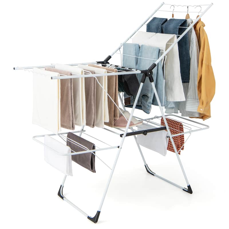 Gymax Folding Clothes Drying Rack 2-Tier Metal Laundry Drying Rack - White