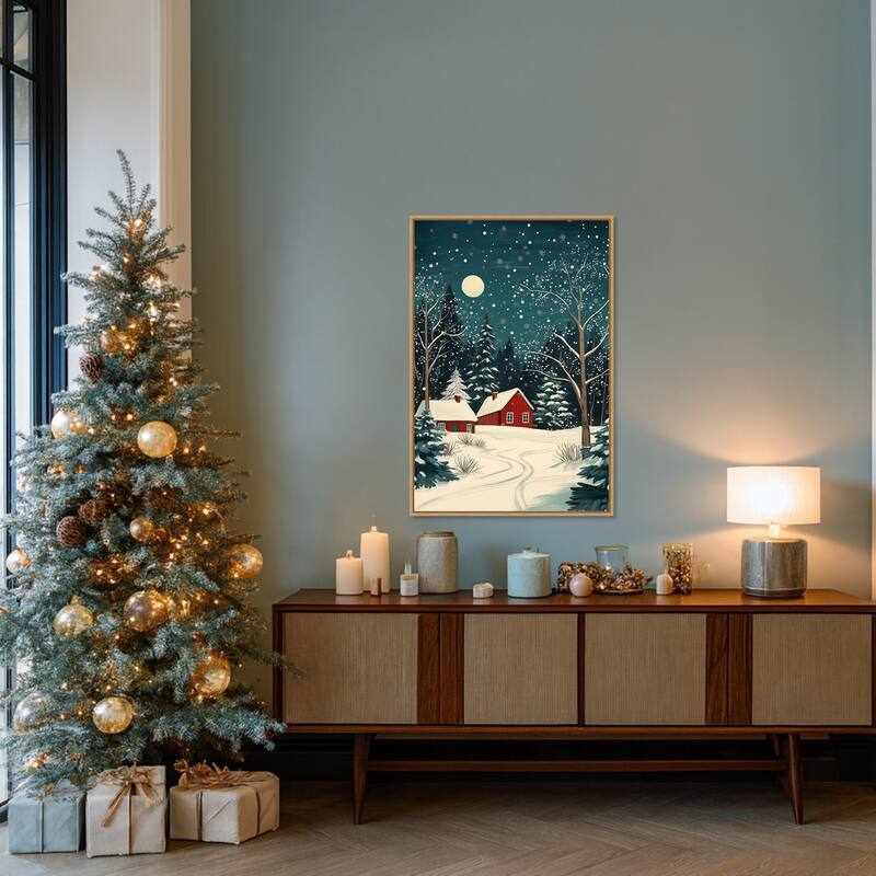 Red Houses and Snowy night sky by Pictufy Studio Framed Canvas Wall Art Print - Sylvie Natural