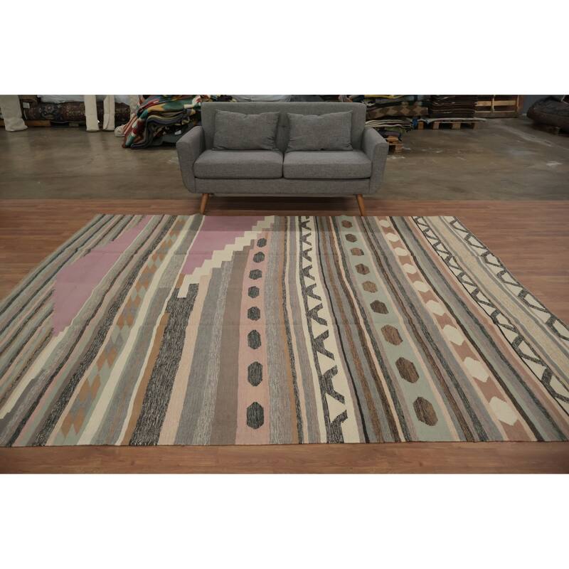 Hand Woven Oriental 100% Wool Carpet Southwestern Tribal Greys & Charcoal Kilim Area Rug - 9' 11'' X 8' 3''