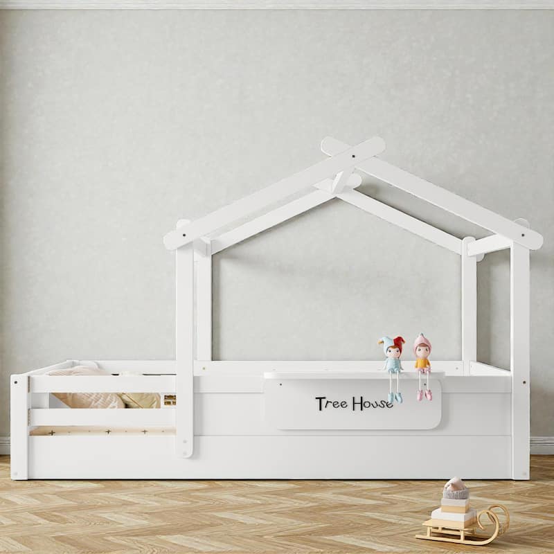 Kids House Floor Bed with Guardrails and Roof, Built-in Tray and Signboard, Montessori Floor Bed for Toddlers - White - Twin