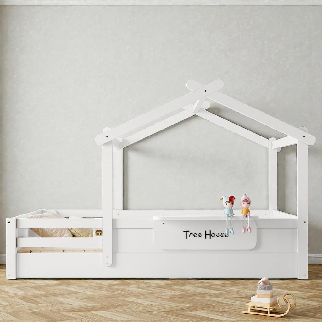 Kids House Floor Bed with Guardrails and Roof, Built-in Tray and Signboard, Montessori Floor Bed for Toddlers