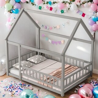 Full Size Wooden Bed House Bed with House Roof ,Fence Guardrails