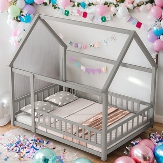 Kids and Baby Full Size Wooden Bed House Bed with House Roof ,Fence Guardrails