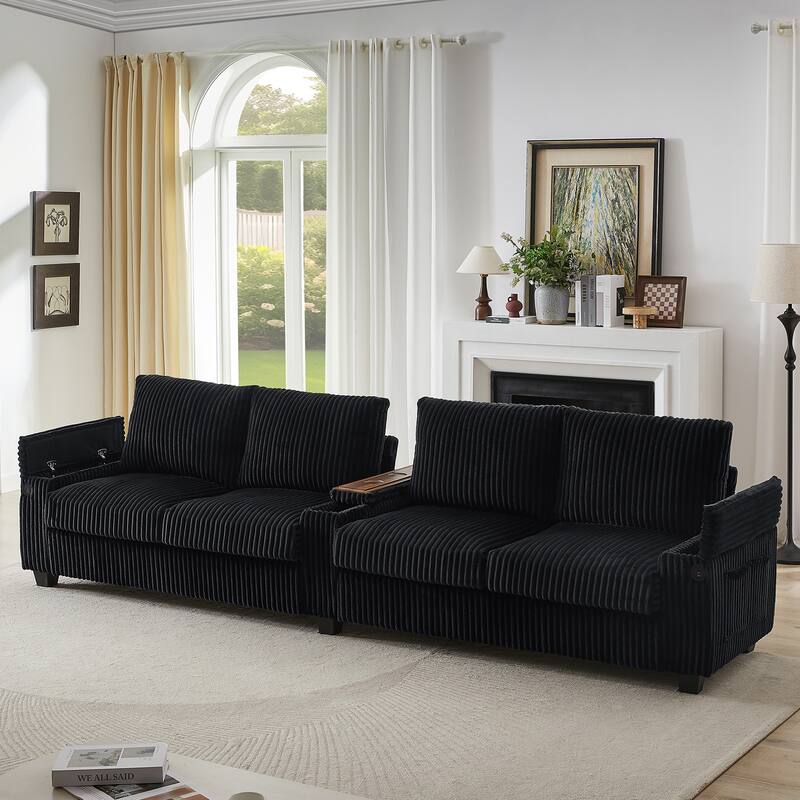 133-In Corduroy Sectional Sofa with USB Ports, Hidden Storage Arms, Flip-Top Cup Holders - Black